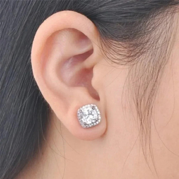 18k White Gold Diamond Cushion Halo Earrings - Picture 4 of 4